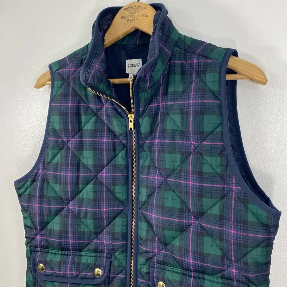 J. Crew Tartan Plaid Quilted Insulated Puffer Vest Jacket Navy Blue Green Pink S